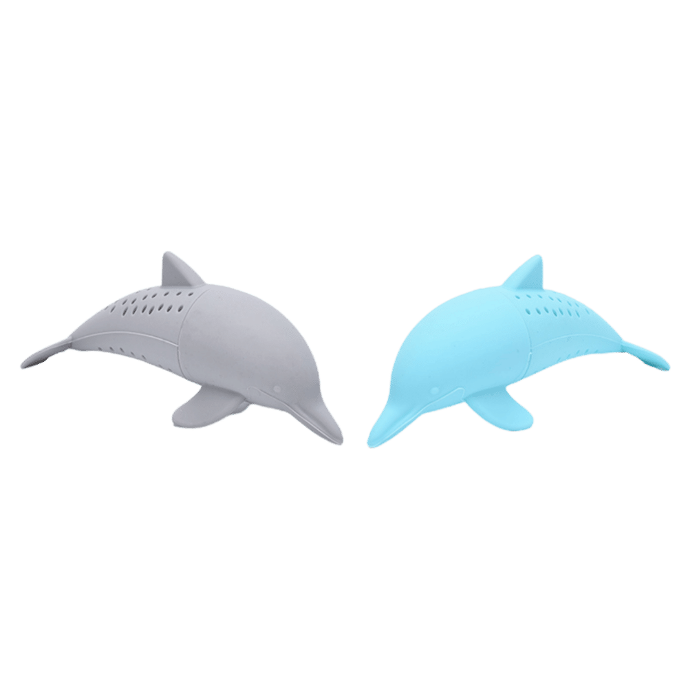 2 delfin te infuser i silikone, grå og turkis