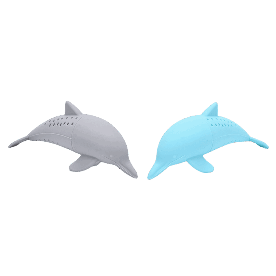 2 delfin te infuser i silikone, grå og turkis