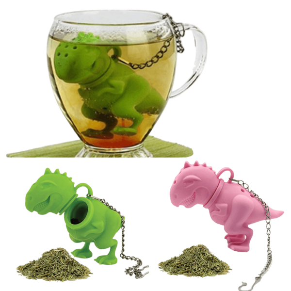 Pink og grøn Dino te-infuser og en kop te.