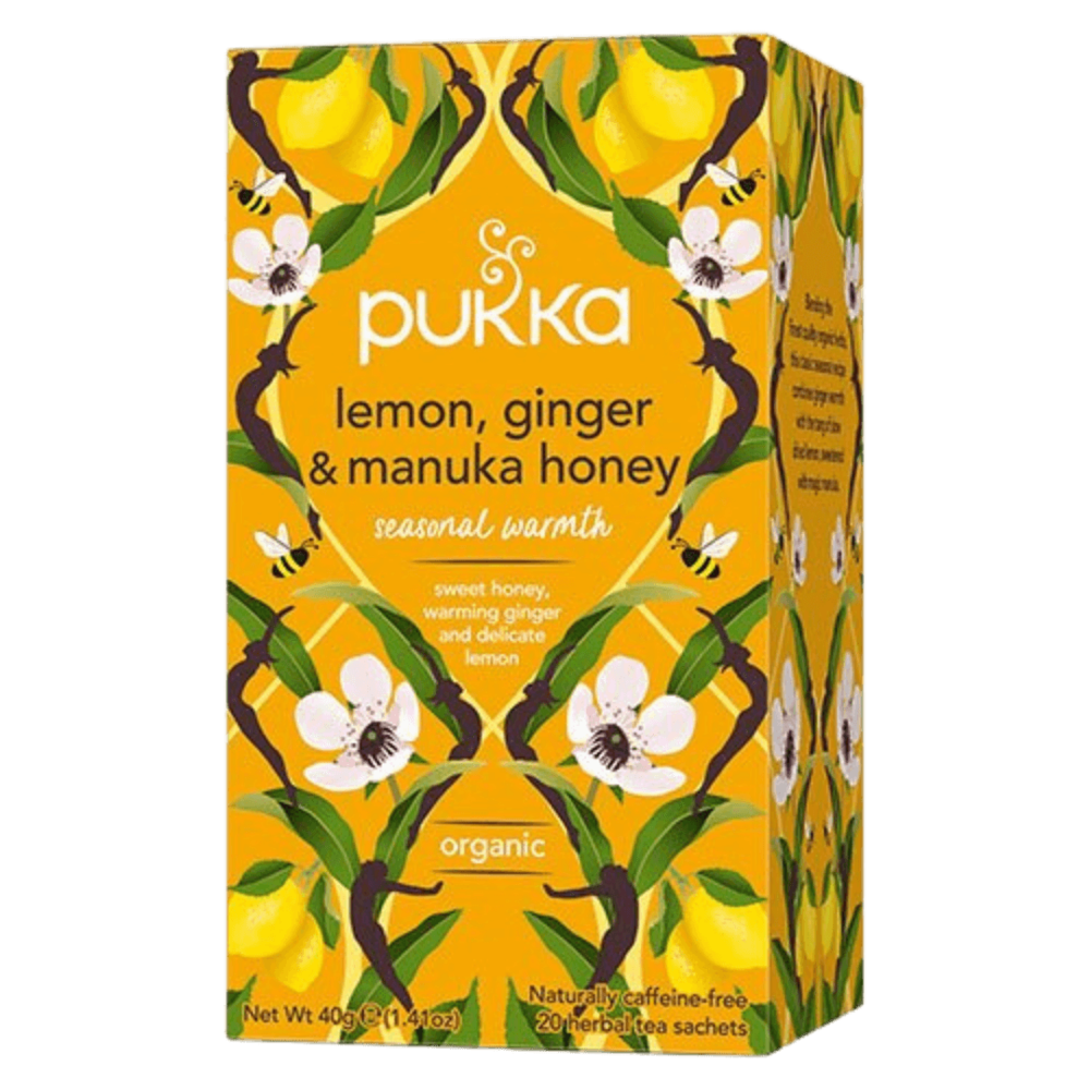 Lemon, Ginger, Manuka Honey te fra Pukka i en pakke med 20 breve