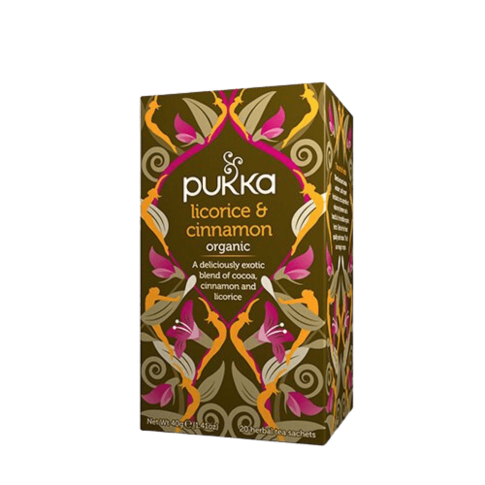 Licorice og Cinnamon te fra Pukka i en pakke med 20 breve. Økologisk.