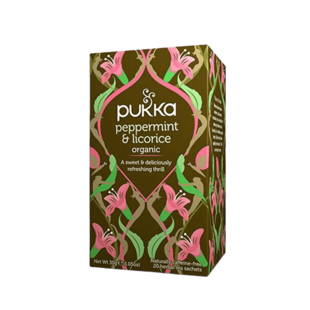 Økologisk Peppermint og Licorice te fra Pukka i en pakke med 20 breve