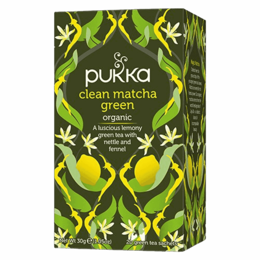 Pukka Clean Matcha Green te i en æske med 20 kopper te