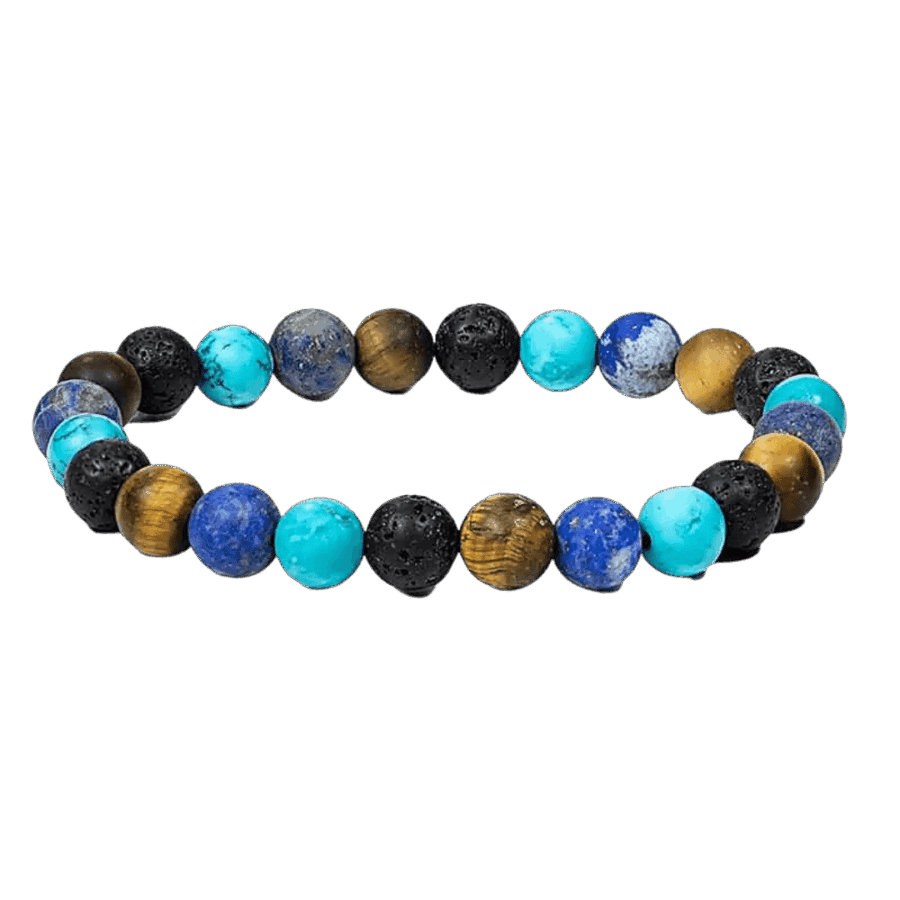 Armbånd med tigerøje, Lavasten, syntetisk turkis og Lapis Lazuli krystalsten