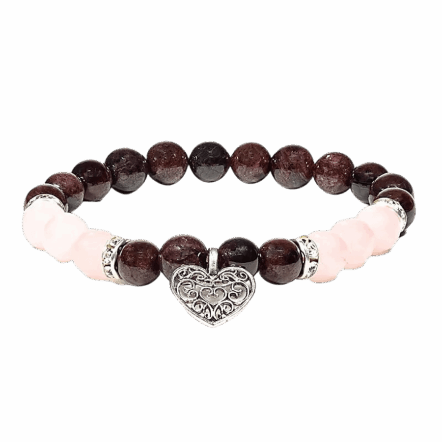 Armbånd med Granat og Rosenkvarts krystalsten og et hjerte vedhæng