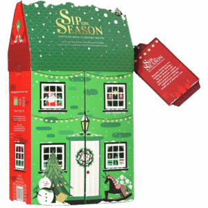 Stemningsfuld Christmas Cottage-gaveæske fra English Tea Shop med 28 bionedbrydelige pyramide-teposer fordelt på 10 økologiske tevarianter.