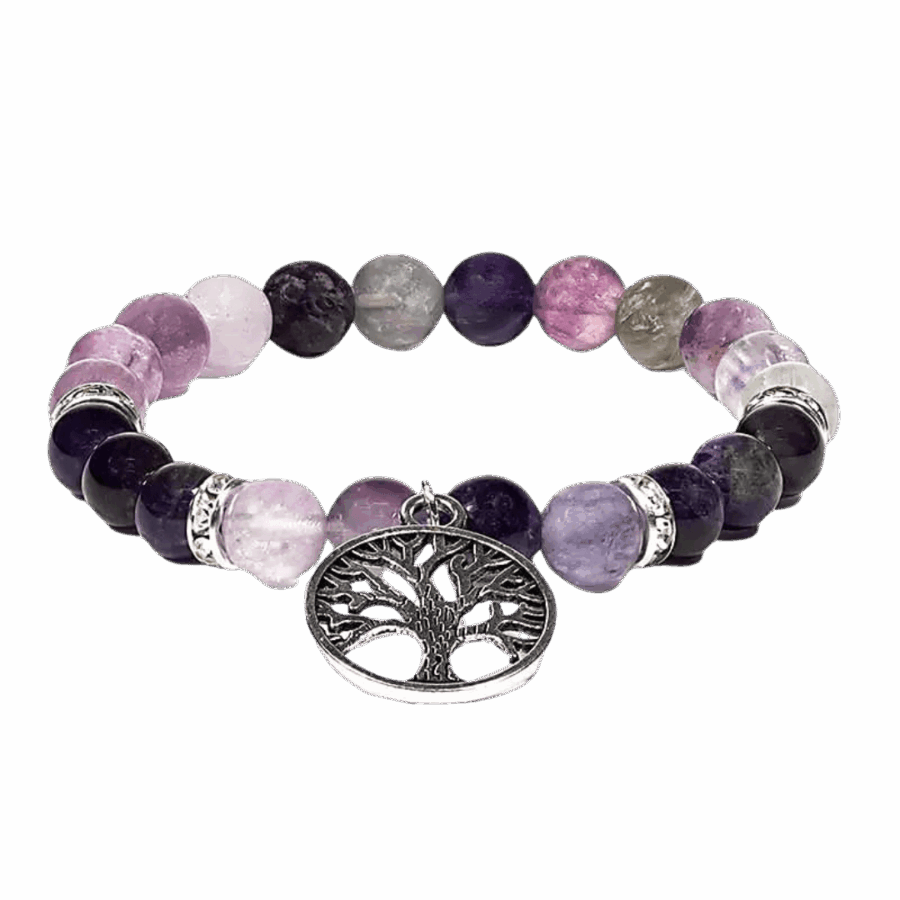 Armbånd med Flourit og Ametyst krystaller og Livets træ som vedhæng