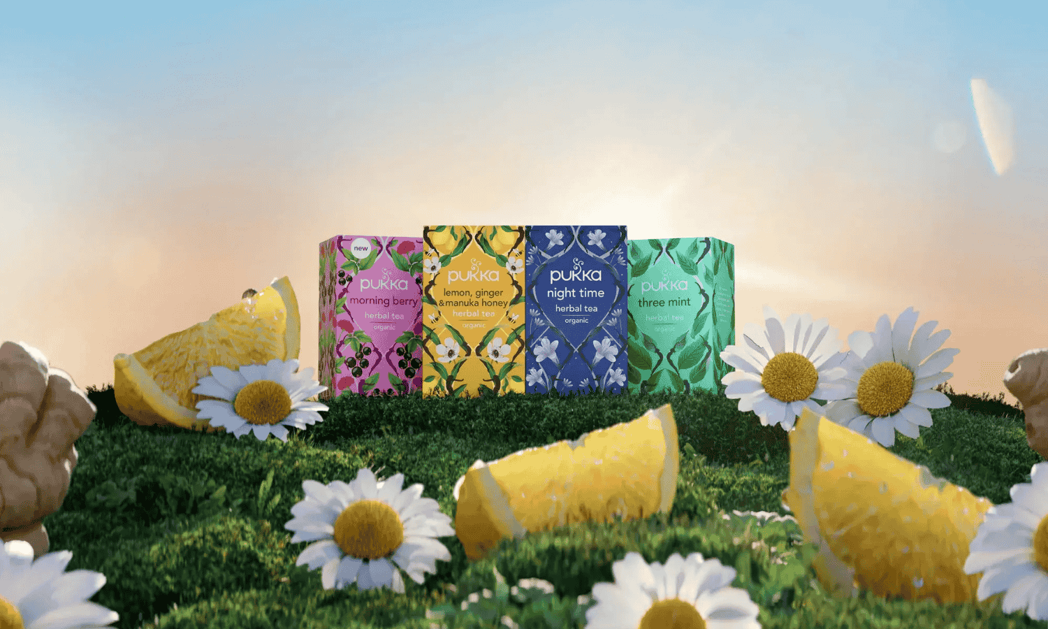 Pukka te som står på en bjergtop midt på en blomstereng