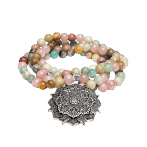 Lotus mala halskæde med rosenkvarts, amazonit og rhodonit