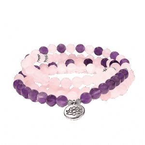 Mala Krystalarmbånd med Rosenkvarts og Ametyst og Lotus vehæng