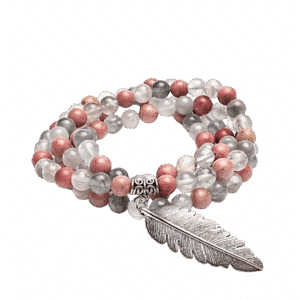 Rhodonit & Grå Kvarts Mala - Med Fjersymbol og 108 Perler